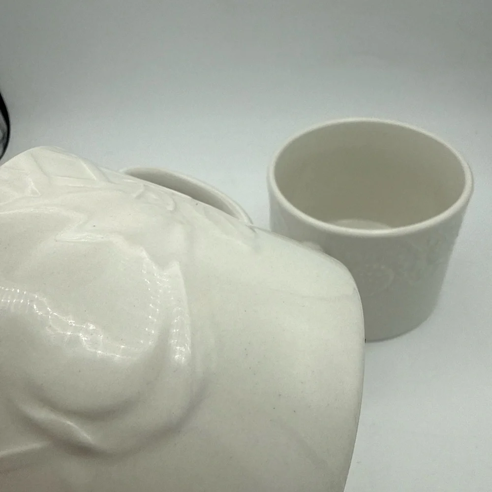 Pair Of Pier 1 Coffee Mugs White raised Fruit grape pears strawberries design